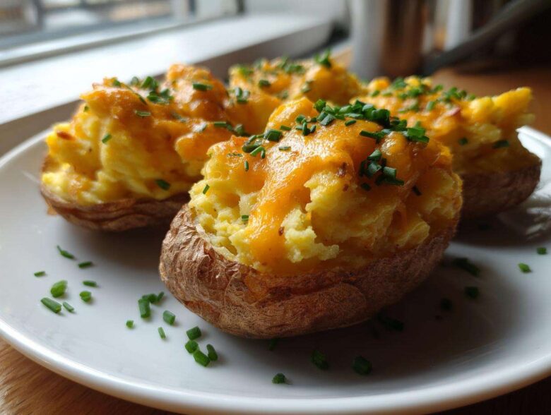 Four servings of perfectly prepared twice baked potatoes, topped with melted cheddar cheese and fresh chives.