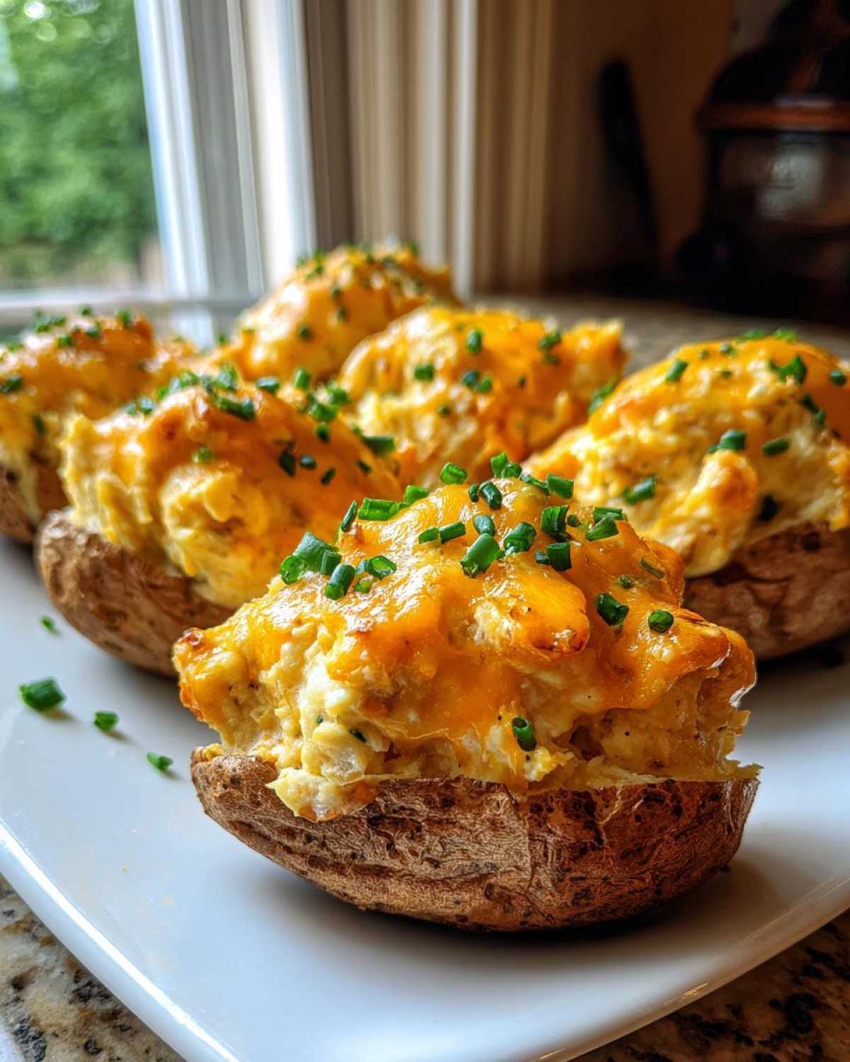 Close-up of several golden Twice Baked Potatoes topped with melted cheddar cheese and fresh chives on a white platter.