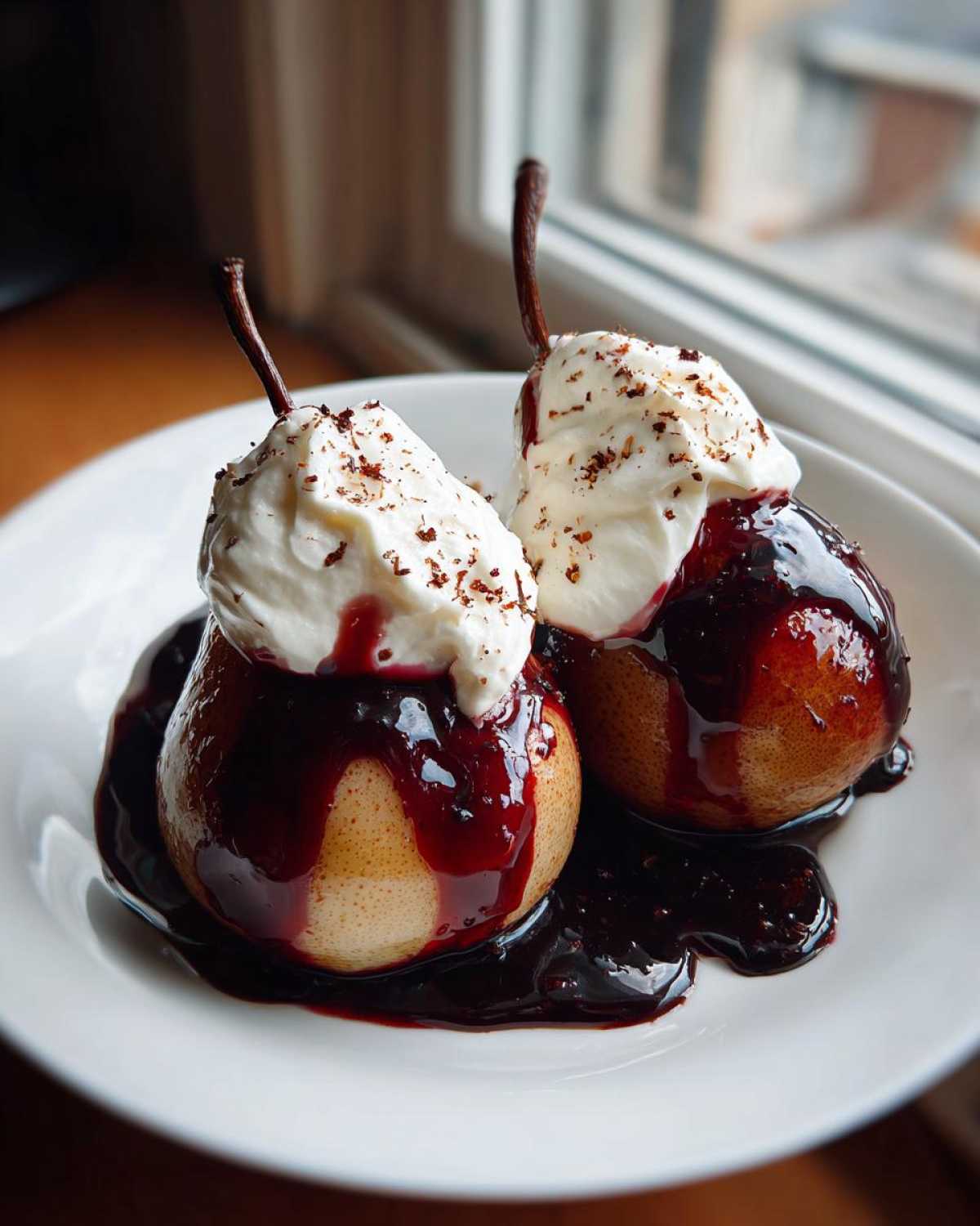 Two perfectly cooked poached pears drizzled with dark berry sauce and topped with whipped cream.