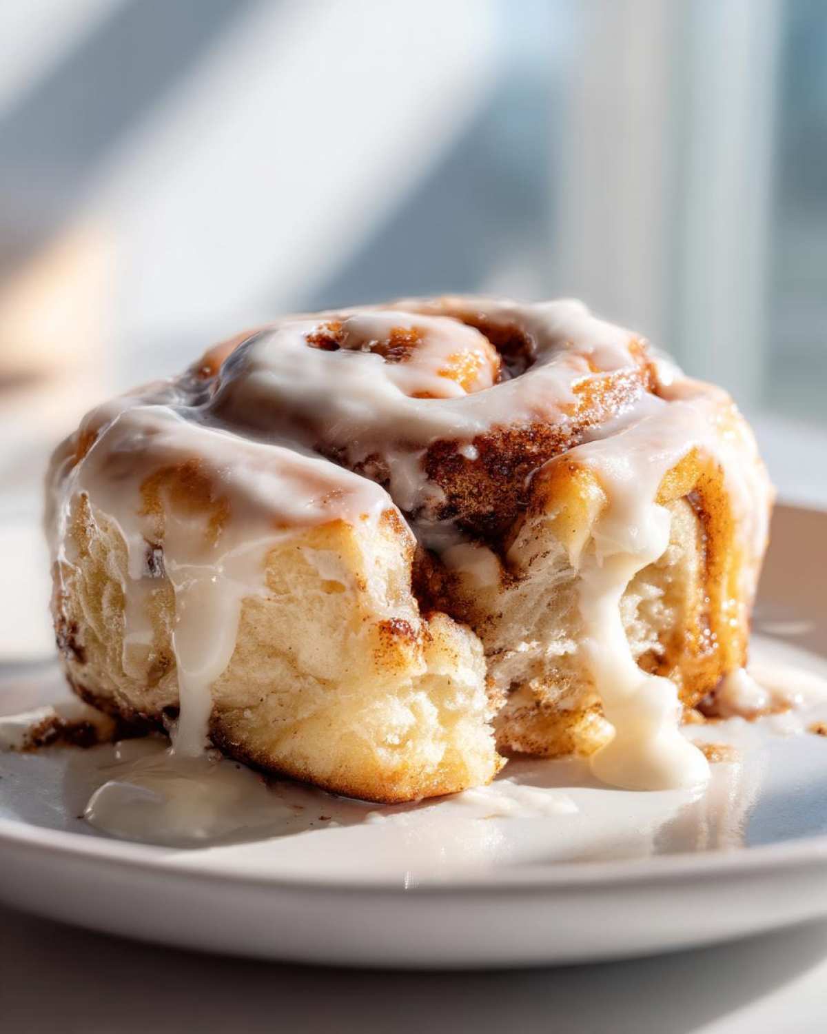 A single, soft Ultimate Cinnamon Rolls with Creamy Glaze, broken open to show the fluffy interior and dripping white icing.