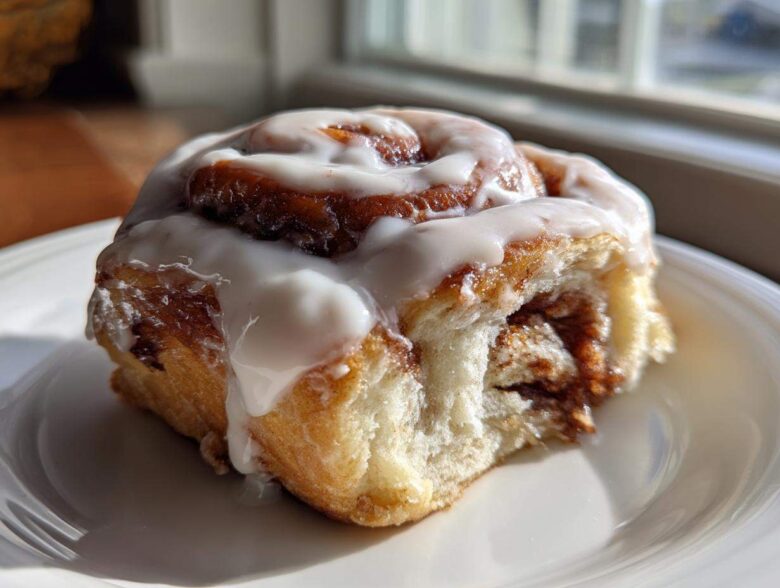 A close-up of one Ultimate Cinnamon Rolls with Creamy Glaze, featuring thick white icing dripping down the side.