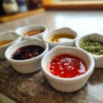 Close-up of six small white bowls containing different ingredients for Dumpling Sauce, including chili sauce, soy sauce, and dried herbs.
