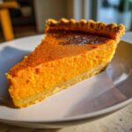A close-up, sunlit slice of rich, orange sweet potato pie with a crimped crust on a white plate.
