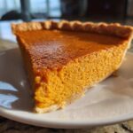 A close-up, sunlit slice of rich orange sweet potato pie resting on a white plate.