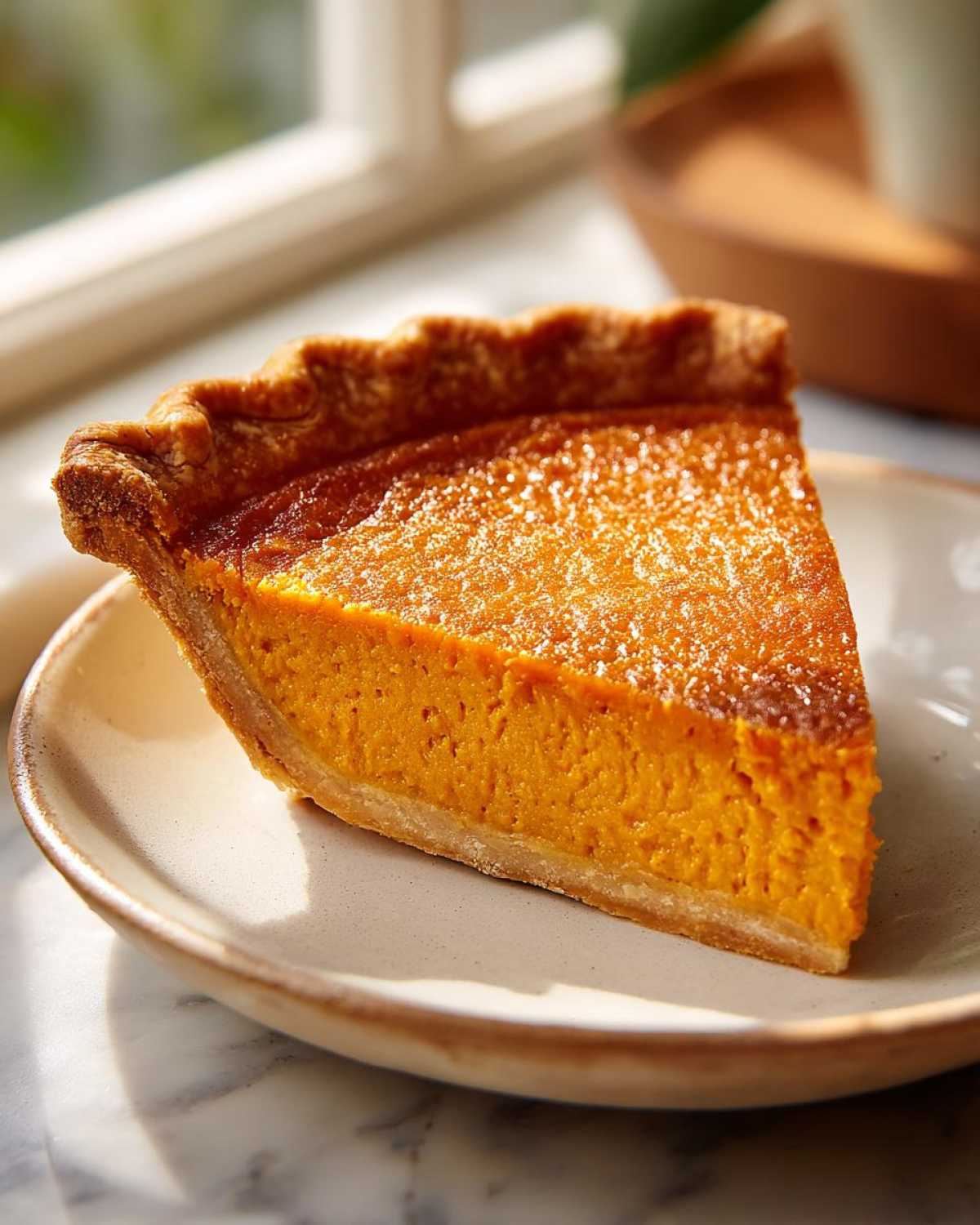 A perfect slice of rich, orange sweet potato pie with a flaky crust, dusted with sugar.