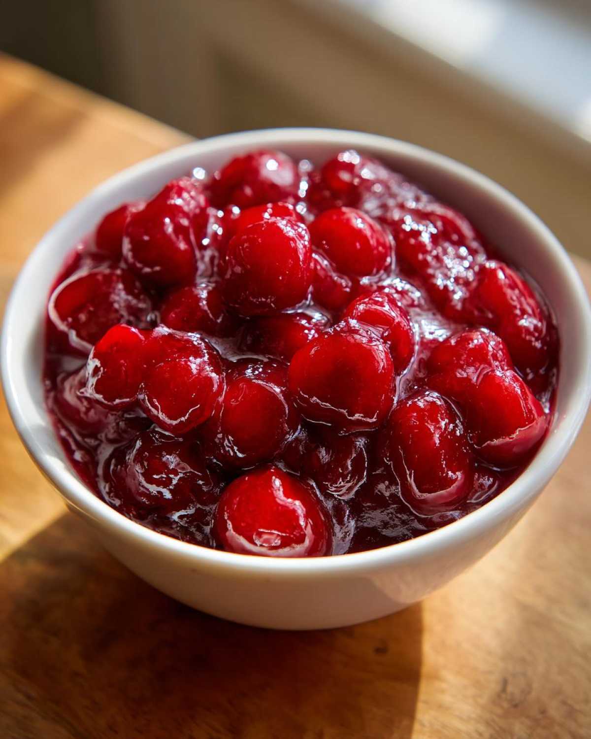 Close-up of glossy, vibrant red cherry pie filling served in a small white bowl on a wooden surface.