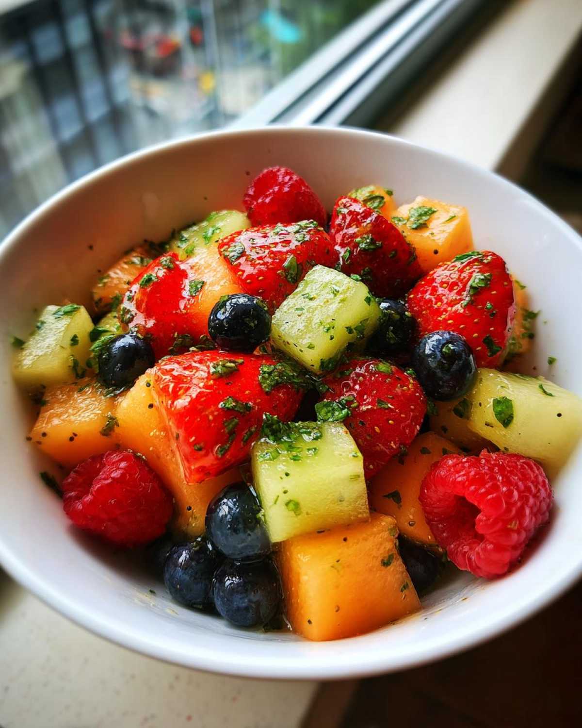 Close-up of a vibrant Fruit Salad featuring strawberries, blueberries, raspberries, cantaloupe, and honeydew cubes, topped with mint.
