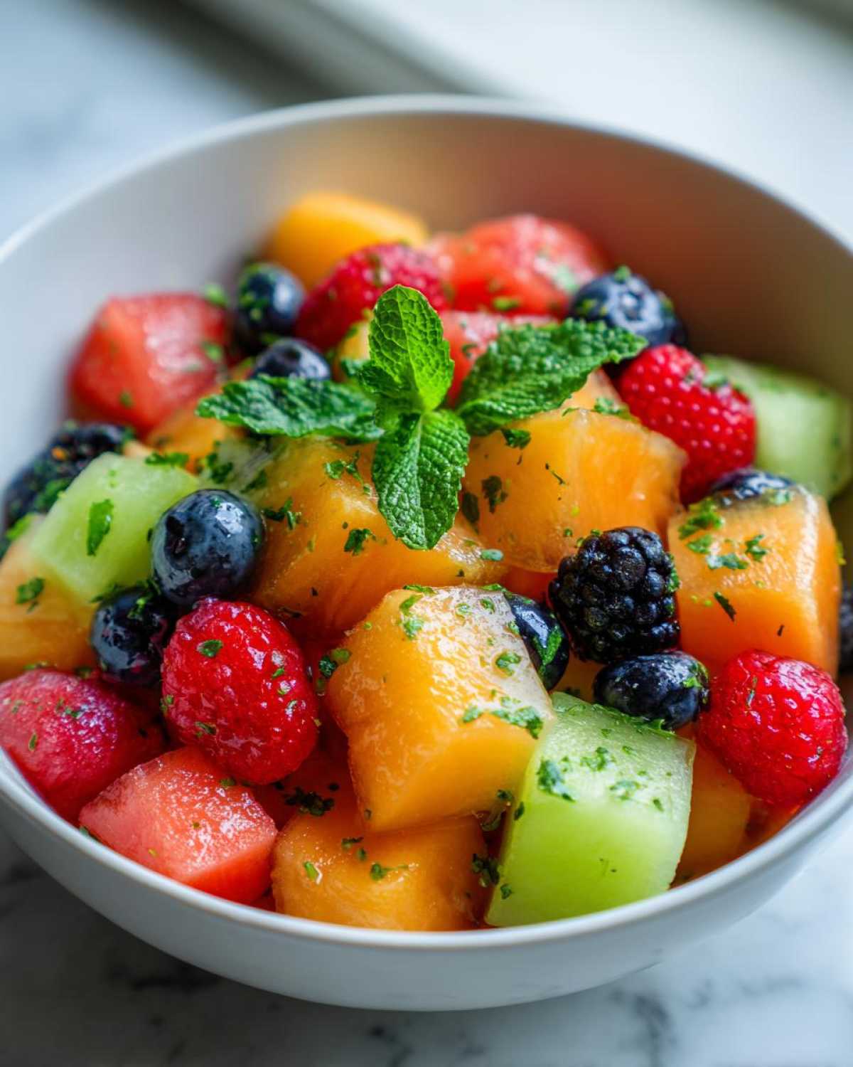 Close-up of a colorful Fruit Salad featuring cantaloupe, honeydew, watermelon, blueberries, and raspberries, topped with mint.