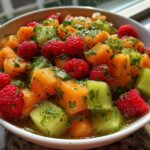 Close-up of a vibrant Fruit Salad featuring cantaloupe, honeydew melon cubes, and fresh raspberries tossed in a light mint dressing.