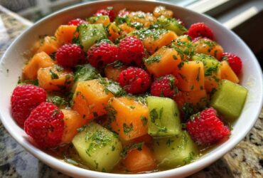 Close-up of a vibrant Fruit Salad featuring cantaloupe, honeydew melon cubes, and fresh raspberries tossed in a light mint dressing.