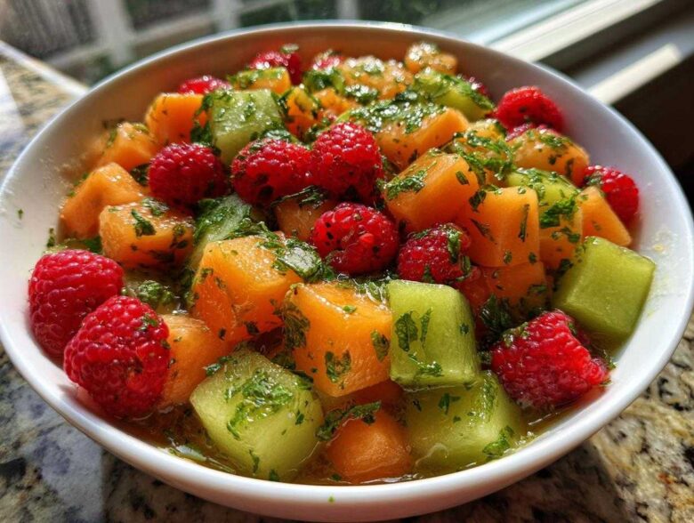 Close-up of a vibrant Fruit Salad featuring cantaloupe, honeydew melon cubes, and fresh raspberries tossed in a light mint dressing.
