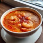 Close-up of a white bowl filled with bright orange and red tom yum soup featuring several plump shrimp.
