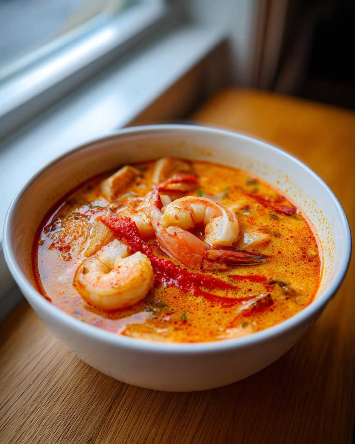 Close-up of a steaming white bowl filled with rich, orange tom yum soup topped with plump shrimp and red chili strips.