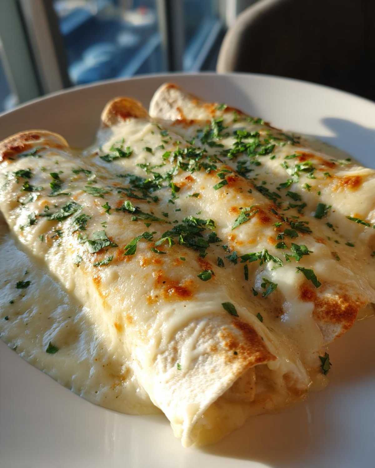 Close-up of three baked white chicken enchiladas covered in melted white sauce and cheese, garnished with fresh parsley.