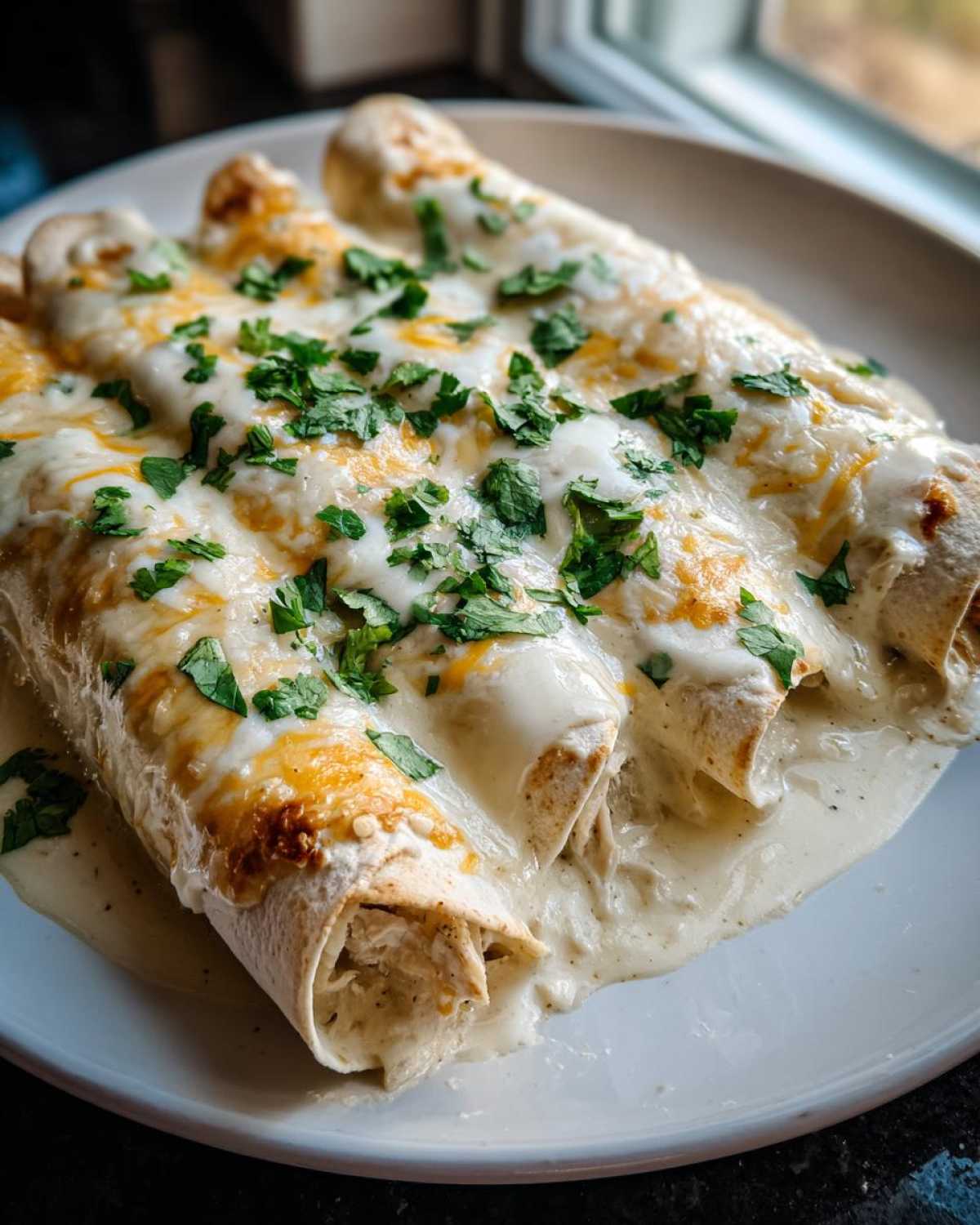 Three rolled white chicken enchiladas covered in creamy white sauce and melted cheese, garnished with fresh cilantro.