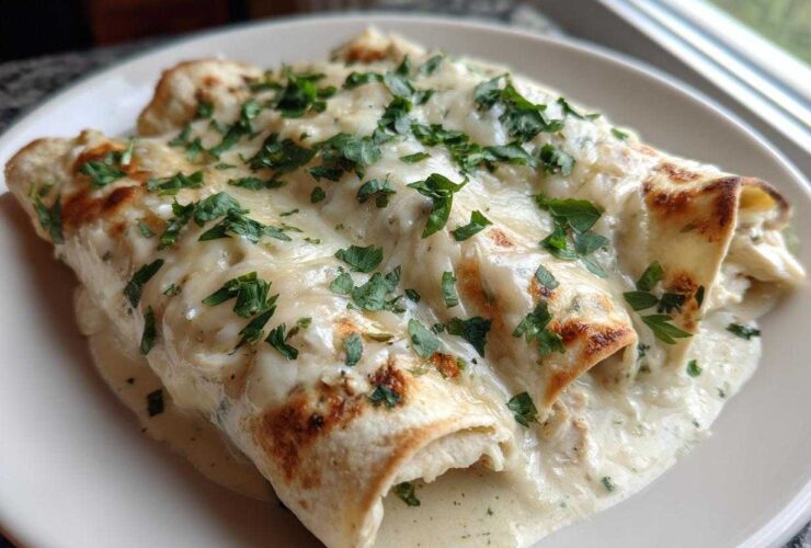 Close-up of three delicious white chicken enchiladas smothered in creamy sauce and topped with fresh parsley.
