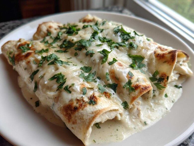 Close-up of three delicious white chicken enchiladas smothered in creamy sauce and topped with fresh parsley.