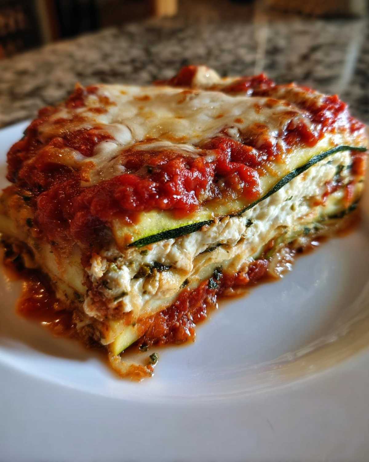 A close-up of a thick slice of zucchini lasagna layered with ricotta and topped with rich tomato sauce and melted mozzarella.