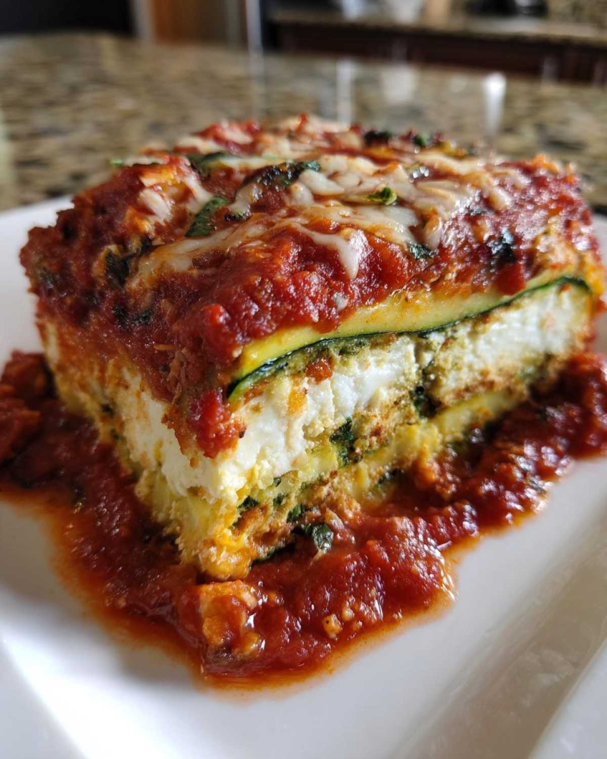 A close-up of a layered slice of zucchini lasagna topped with melted cheese and rich marinara sauce.
