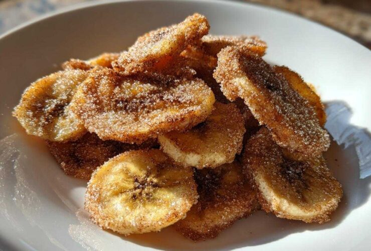 A close-up of crispy Air Fryer Cinnamon Sugar Banana Chips piled high on a white plate, glistening with sugar.