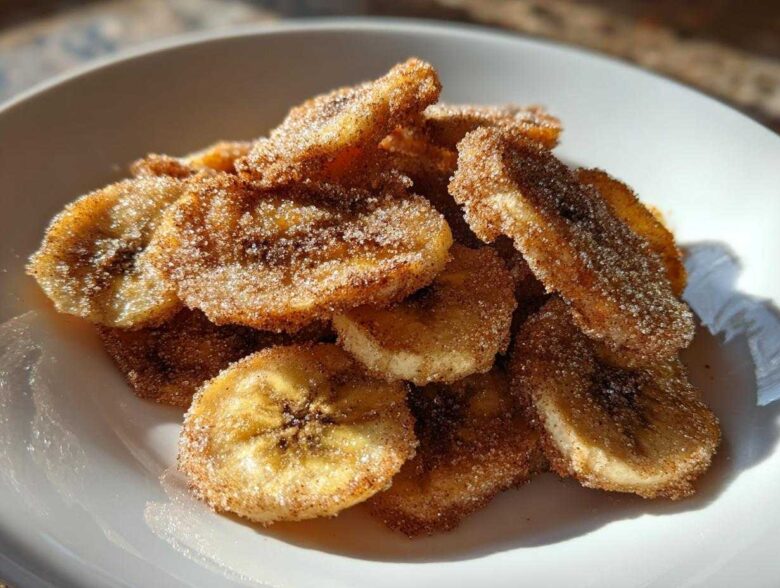 A close-up of crispy Air Fryer Cinnamon Sugar Banana Chips piled high on a white plate, glistening with sugar.