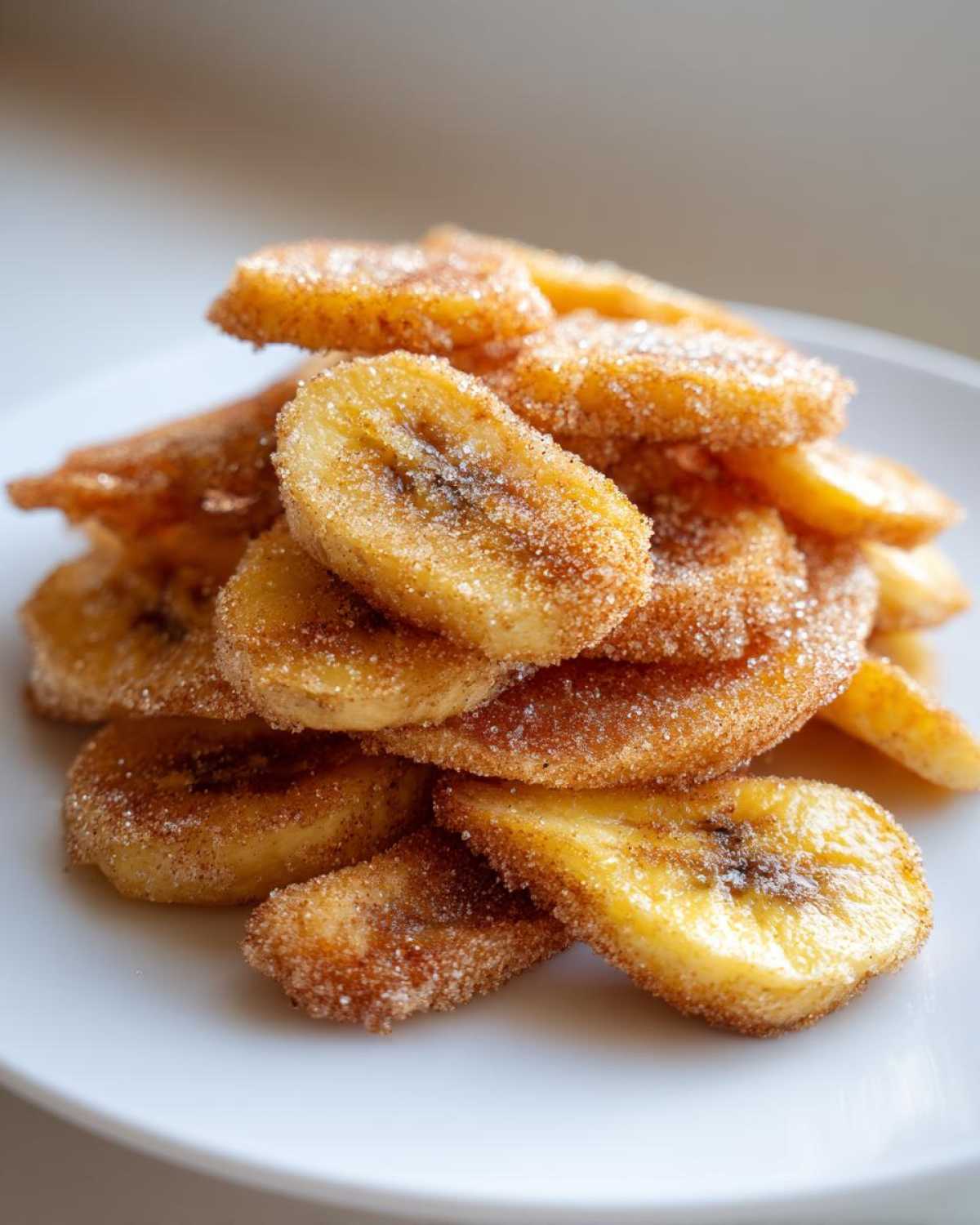 A close-up stack of crispy Air Fryer Cinnamon Sugar Banana Chips coated heavily in cinnamon sugar.