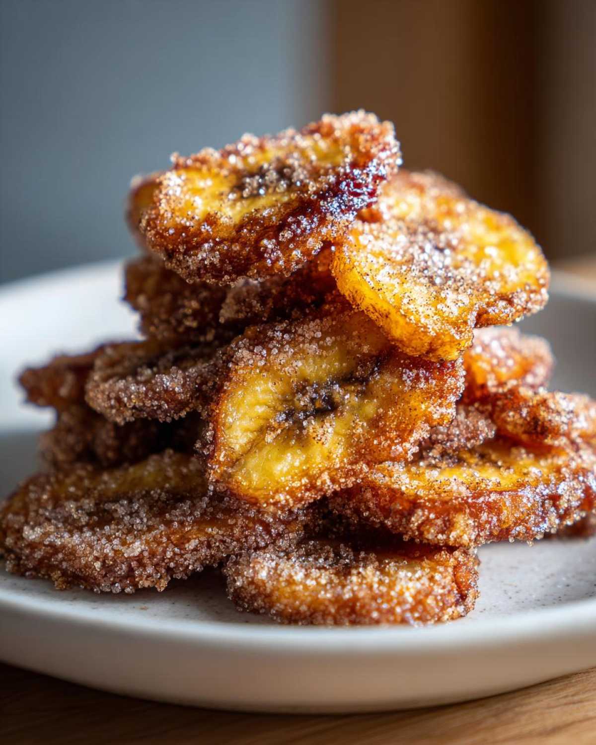 A close-up stack of golden brown Air Fryer Cinnamon Sugar Banana Chips heavily coated in sparkling cinnamon sugar.