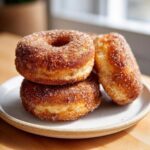 A close-up of three fluffy Baked Cinnamon Sugar Donuts coated generously in sparkling cinnamon sugar mixture.