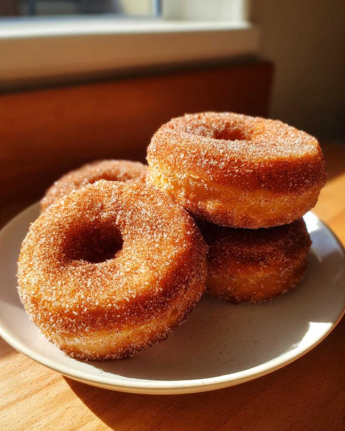 A stack of four golden Baked Cinnamon Sugar Donuts heavily coated in sparkling cinnamon sugar, sitting on a light plate.