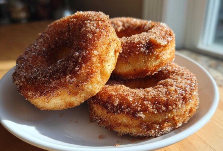 Three freshly Baked Cinnamon Sugar Donuts generously coated in sparkling cinnamon sugar, stacked on a white plate.