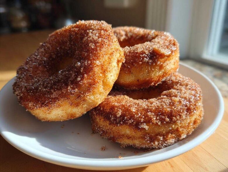 Three freshly Baked Cinnamon Sugar Donuts generously coated in sparkling cinnamon sugar, stacked on a white plate.