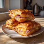 Three golden brown Baked Ham and Cheese Croissants stacked on a plate, showing melted cheese oozing out.