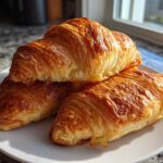 Three golden brown, flaky Baked Ham and Cheese Croissants stacked on a white plate near a window.