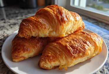 Three golden brown, flaky Baked Ham and Cheese Croissants stacked on a white plate near a window.