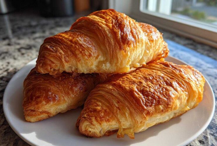 Three golden brown, flaky Baked Ham and Cheese Croissants stacked on a white plate near a window.