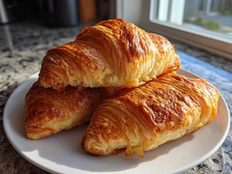 Three golden brown, flaky Baked Ham and Cheese Croissants stacked on a white plate near a window.