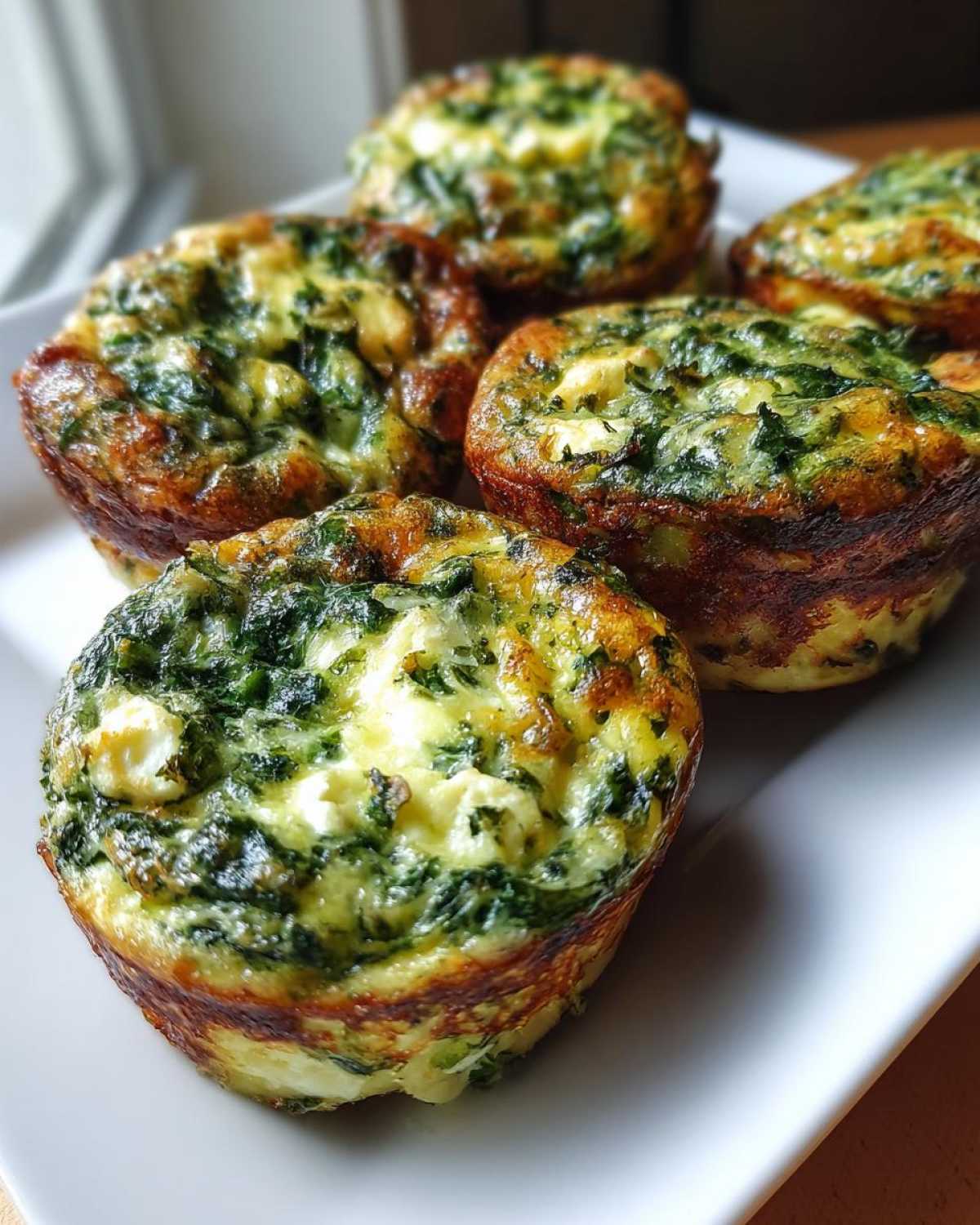 Five golden-brown, freshly baked Breakfast Mini Quiches filled with visible spinach and white cheese chunks, served on a white plate.