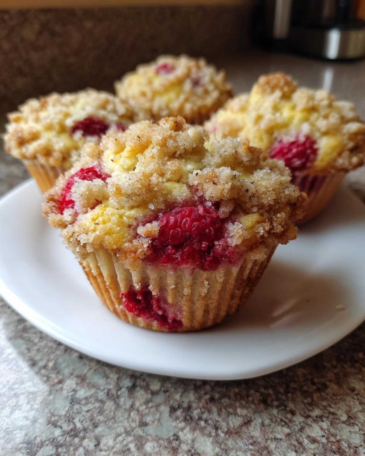 Close-up of four bakery style Raspberry Streusel Muffins topped with crunchy streusel and fresh raspberries on a white plate.