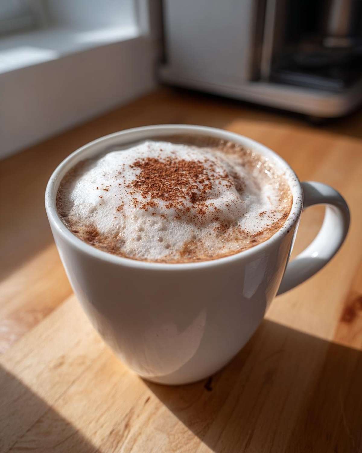 Close-up of a white mug filled with a Banana Bread Latte, topped with thick foam and sprinkled cinnamon.