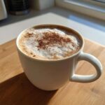 A close-up of a creamy Banana Bread Latte topped with cinnamon in a white mug.