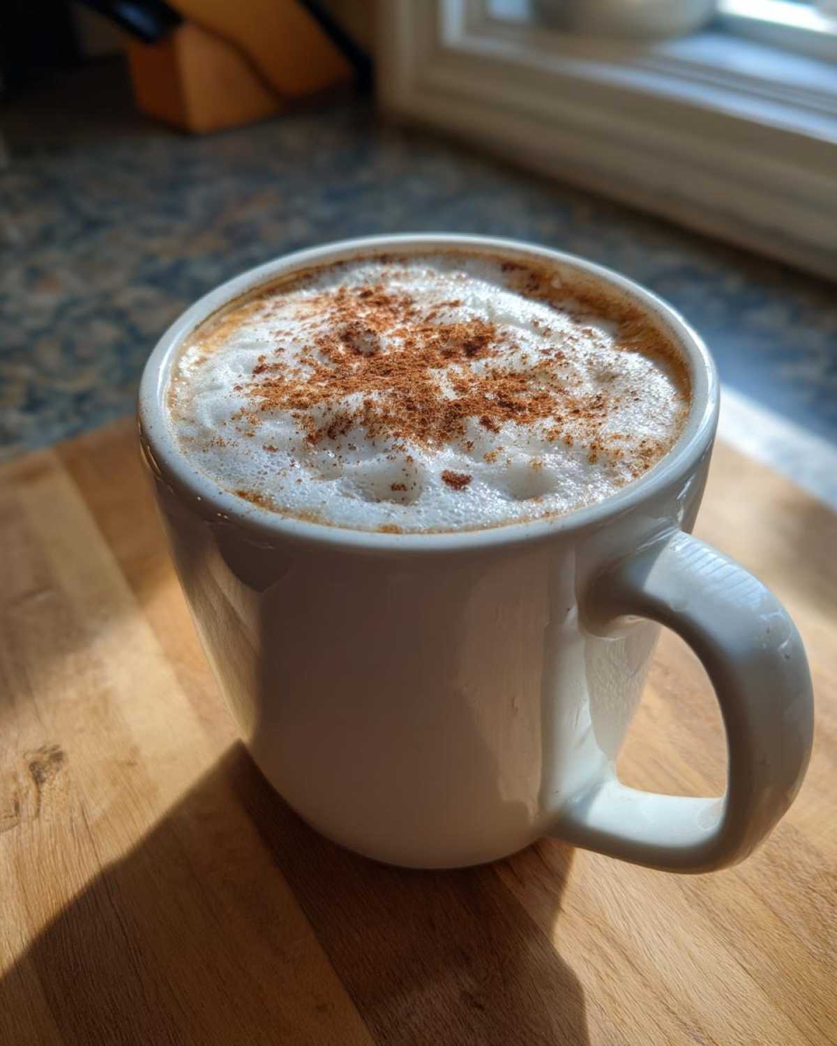 A close-up of a white mug filled with a Banana Bread Latte, topped with frothy milk and a dusting of cinnamon.