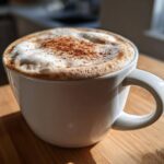 A close-up of a frothy Banana Bread Latte topped with cinnamon in a white mug, sitting on a wooden surface.