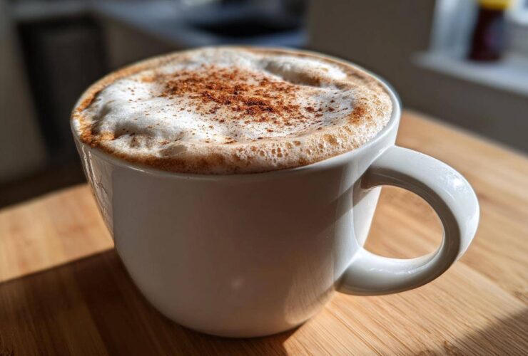 A close-up of a frothy Banana Bread Latte topped with cinnamon in a white mug, sitting on a wooden surface.