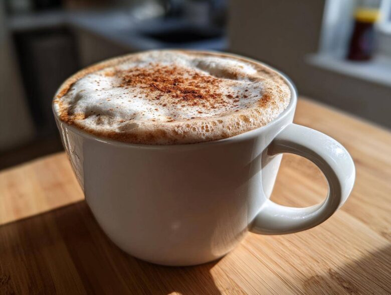 A close-up of a frothy Banana Bread Latte topped with cinnamon in a white mug, sitting on a wooden surface.