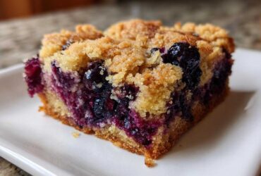 A close-up shot of a single square of rich Blueberry Blondies with a crumbly topping, showcasing the moist interior and bursts of purple blueberries.
