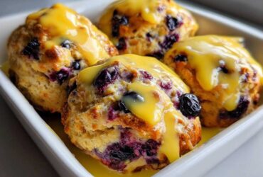 Four golden-brown Blueberry Butter Swim Biscuits generously topped with bright yellow lemon glaze.