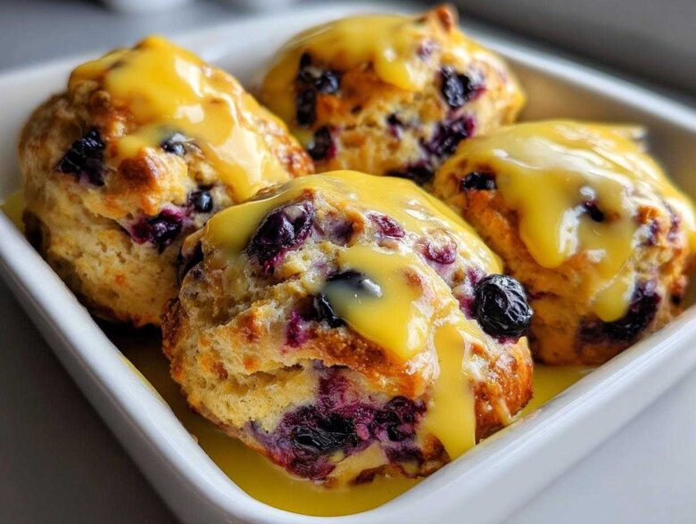Four golden-brown Blueberry Butter Swim Biscuits generously topped with bright yellow lemon glaze.