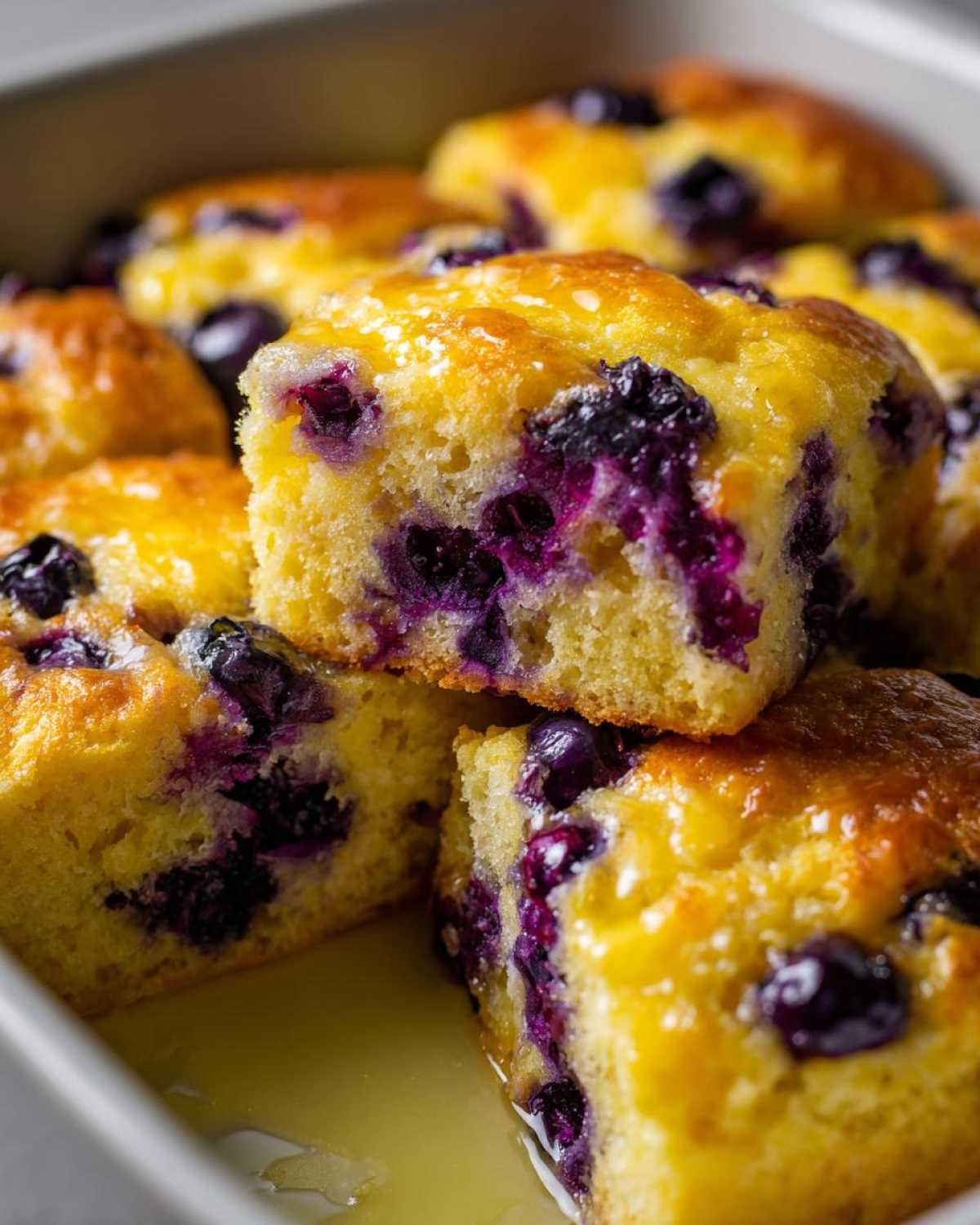 Close-up of moist Blueberry Butter Swim Biscuits soaking in a pool of sweet lemon glaze inside a baking dish.