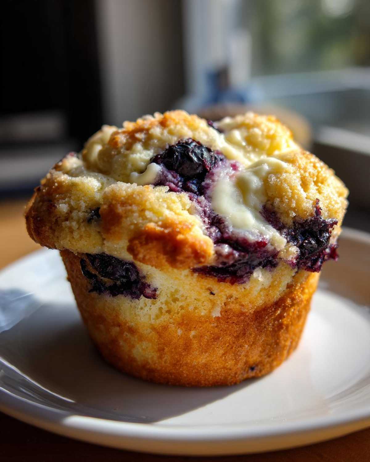 Close-up of a single, perfectly baked Blueberry Cream Cheese Muffin with a golden crust and visible cream cheese swirl.