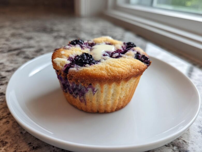 A single, golden-brown Blueberry Cream Cheese Muffin with a dollop of cream cheese filling on top, served on a white plate.